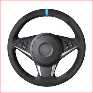 Black Suede Light Blue Marker Car Steering Wheel Cover for BMW E60 530d 550i E61 - Picture 1 of 4
