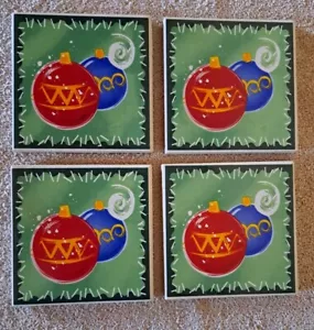 Ceramic Tile Christmas Ornament Coasters Trivit Set 4 Green Red Crafts Barware - Picture 1 of 7