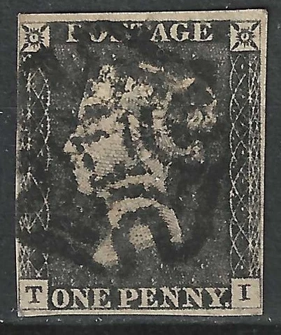 GB SG2 1840 Penny Black Plate 3, TI, 4 Margins, Used with Black Maltese X Cover