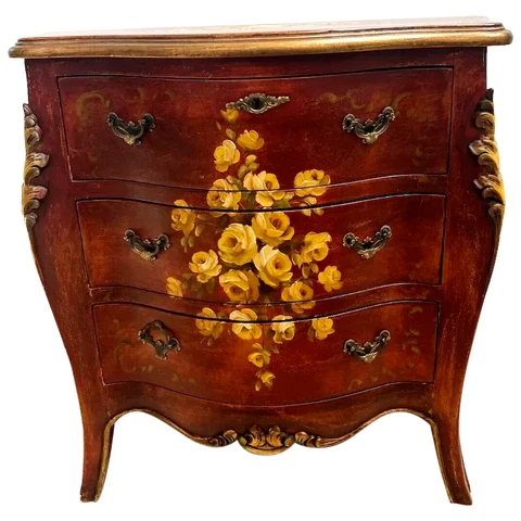 Vintage  Italian Dresser Chest three drawers Hand Painted Roses Carvings Locking Cover