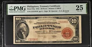 Philippines , Treasury Certificate 10 Pesos P#92a 1941, PMG 25 .VERY FINE - Picture 1 of 2