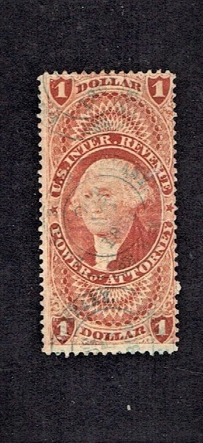1862-71 Revenue First Issue Washington $1 POWER OF ATTORNEY Sc#R75c  Cancelled + - Image 1 of 1