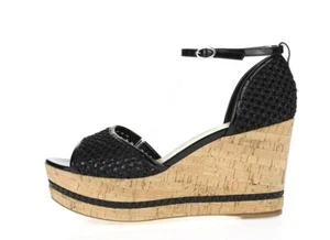MARVIN K Black Patent Leather Ankle Strap Buckles Wedge Heels Sandals Size 9.5 M - Picture 1 of 5