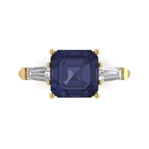 14K Yellow Gold Simulated Blue Sapphire 3 Stone Engagement Ring, 3 ct Asscher - Picture 1 of 11