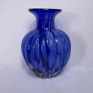 VTG Hand Blown Cobalt Blue White Spotted Art Glass Vase Ribbed 9.5” - Picture 1 of 6