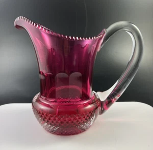 Vintage Cranberry Red Diamond Panel Blown & Cut Glass Pitcher - Picture 1 of 11