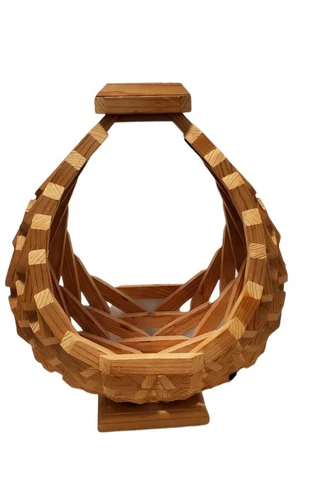 Geometric Wooden Basket Block Art Newspaper Fruit Centerpiece Side Structure Vtg Cover
