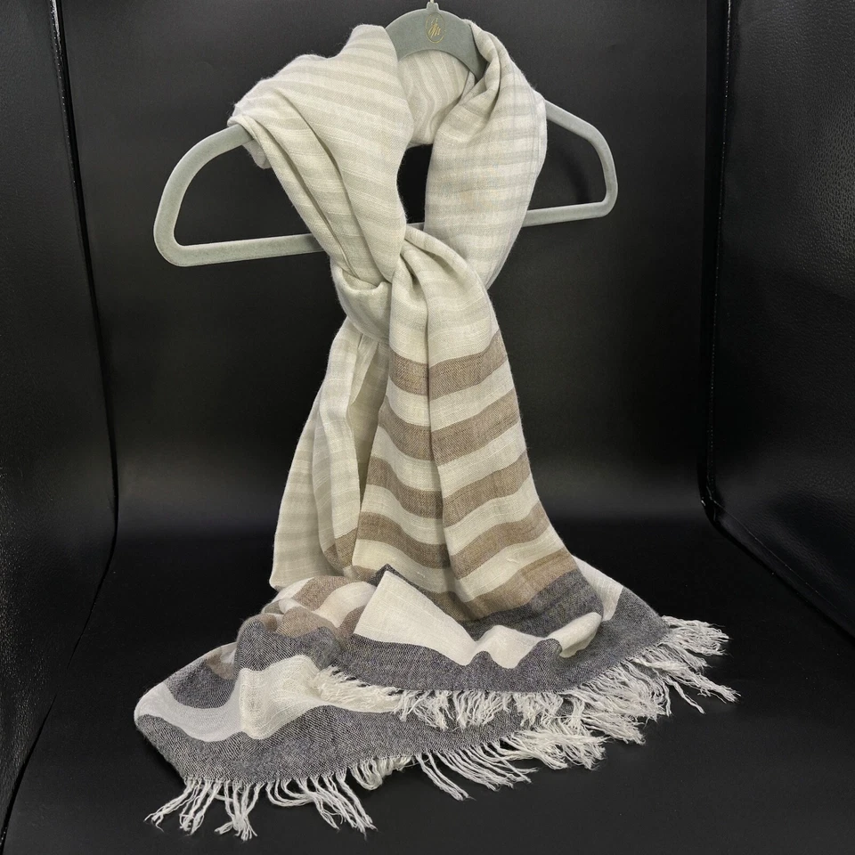 CEJON Woven Fringed Cream Tan Black 100% Rayon Striped Scarf 26" w x 72" l - Image 1 of 4