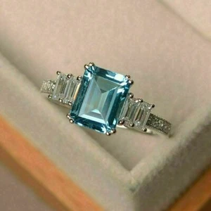 14K White Gold Finish 2.04 CT Emerald Cut Aquamarine Solitaire Engagement Ring - Picture 1 of 4