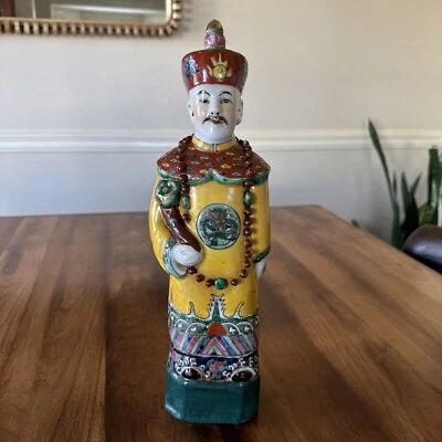 Antique Chinese Hand Painted Ceramic Figure Yellow Robe Emperor, 13.5” Stamped - Image 1 of 4