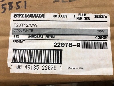 30 PK SYLVANIA FLUORESCENT TUBE LIGHT BULBS F20T12/CW 20W 4200K 2 Ft 24" (5850) - Image 1 of 4