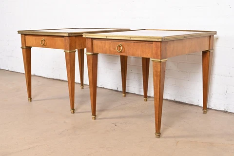 Baker Furniture French Regency Louis XVI Cherry Wood and Brass Tea Tables, Pair Cover