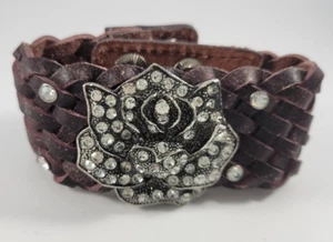 BOLD Signed Charming Charlie Leather Silver Tone Rhinestone Rose Bracelet - Picture 1 of 10
