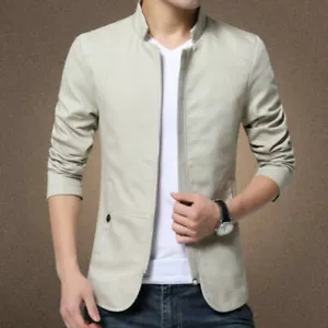 Mens Casual Jacket Business Blazer Coat Formal Button Stand Collar Slim Fit Suit - Picture 1 of 13