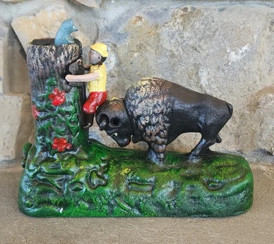 Cast Iron Mechanicsl Buffalo Bank Reproduction  The Book Of Knowledge -brand - Image 1 of 4