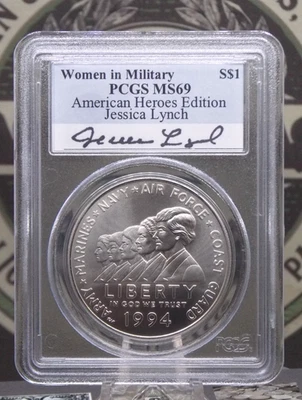 1994 "W" Woman in Military *JESSICA LYNCH* Hero Silver Dollar $1 PCGS MS69 #426 - Image 1 of 4