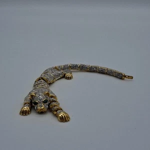 Vintage artikulierendes Panther grünes Auge Kristall Pave goldfarbenes Armband - Bild 1 von 5
