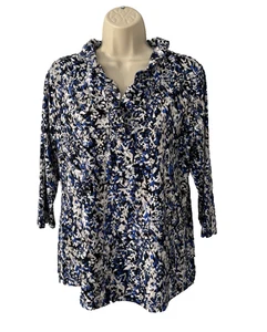 Lulu B Top Womens Sz M Black White Blue Print Ruffled Neck Resort Stretch - Picture 1 of 5