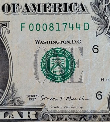 2017 $1 bill fancy serial, birthday date note August 17, 1944. F 00081744 D - Image 1 of 3