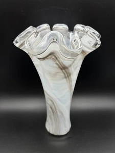Tammoro Home Murano Style Art Glass Ruffle Top Vase White Brown Swirl 11" T - Picture 1 of 8