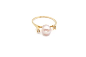 14k Yellow Gold 6mm Pearl And Diamond Ring Size 5 - Picture 1 of 11