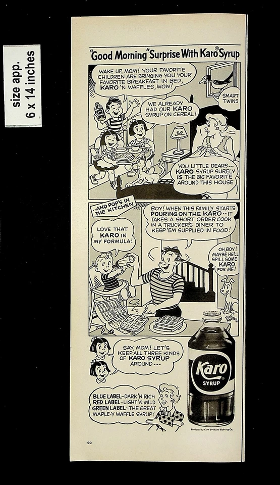 1956 Karo Syrup Blue Label Red Label Green Comic Vintage Print Ads 9437 - Image 1 of 1