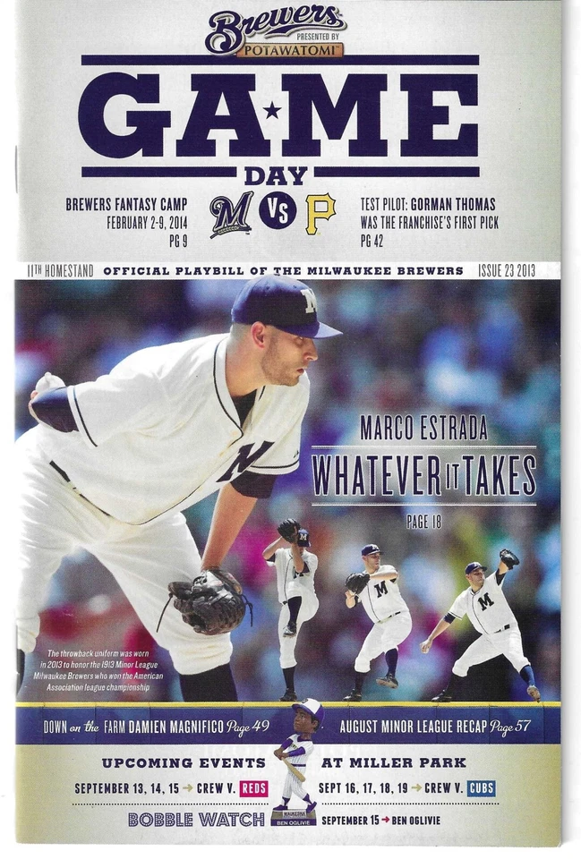 2013 Marco Estrada Milwaukee Brewers vs Pittsburgh Pirates Gameday Program #23 - Image 1 of 1