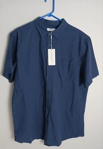 JEKAOYI Casual Short Sleeve Navy Blue Button Up Shirt Mens Size L NEW - Picture 1 of 9