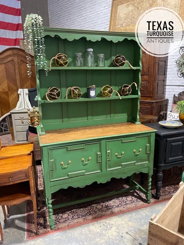 Antique Green English Hutch, Buffet With Hutch Top, Solid Wood, Distressed Cover