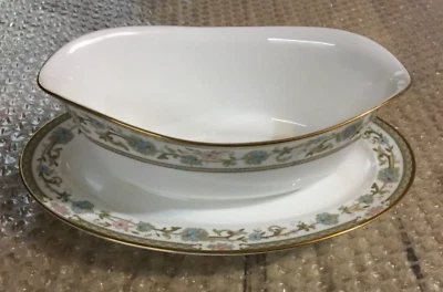 Noritake Sakura Gravy Boat W/ Under Tray Pink Green Floral Border 9704 - Image 1 of 3