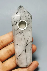 Natural Black Tourmaline  Quartz Crystal Wand Pipe - Picture 1 of 12
