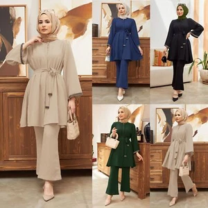 Dubai Women Muslim Long Sleeve Blouse Top Pants Sets 2 Piece Outfits Casual Suit - Picture 1 of 27