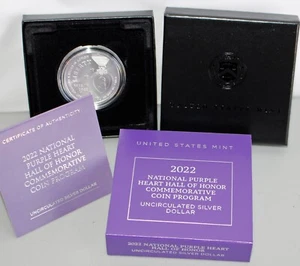2022 National Purple Heart Hall of Honor BU Silver $1 Dollar Coin Box + COA - Picture 1 of 7