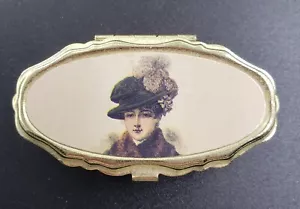 Vtg Mini sewing kit brass box pill w/Image Of a Victorian Lady - Picture 1 of 5