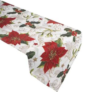 Christmas Table Runner Festive Tableware Holly Poinsettia Reusable Dining Cloth - Picture 1 of 6