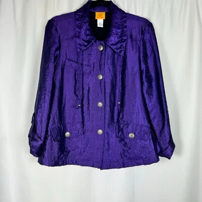 Ruby Rd. Iridescent Purple Jacket Crinkle Texture Cropped Sleeves Buttons 12 - Image 1 of 4