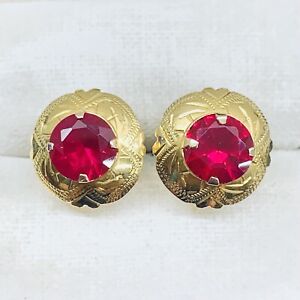22k Yellow Gold Red Simulated Ruby Hearts Halo Post Stud Earrings Screw Back