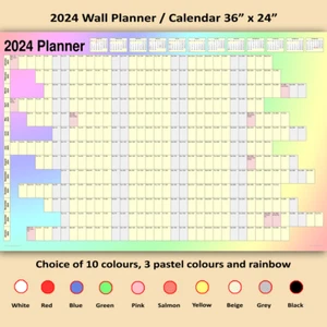 2024 Year Wall Planner Calendar 36" x 24" Choice of 14 Colours (rolled/folded) - Picture 1 of 15