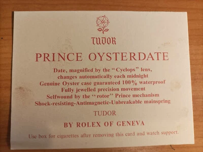 Rolex Tudor Prince Oysterdate CigarettesCard italian in good condition - Image 1 of 2