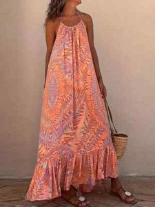 Women's Backless Printed Halter Neck Maxi Cami Dress - Coral - S-L - Picture 1 of 6