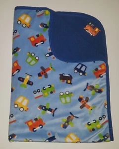 Tiddliwinks Blue Fleece Baby Blanket Lovey Trains Airplanes Cars Vehicles 30x40 - Picture 1 of 8