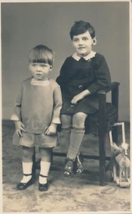 Vintage RPPC Real Photo Postcard Cute Kids Siblings Brother Sister Toy Horse - Picture 1 of 7