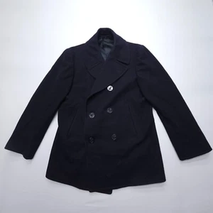 Vintage Navy Overcoat Wool Melton Double Breasted Peacoat Mens 40R Blue Heavy - Picture 1 of 11