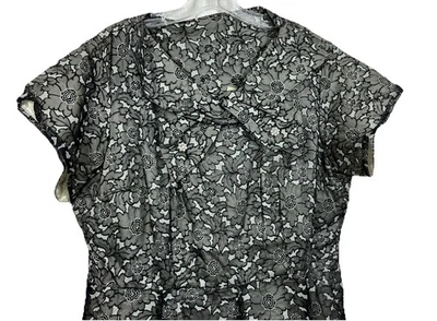 48 B 38 W Vintage Early 50s Black Flocked Floral Print Illusion Dress XXL - Image 1 of 4
