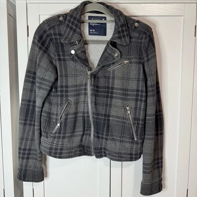 Jaqueta de Moto American Eagle Xadrez Cinza com Zíper Feminina Média Y2K Algodão Grunge - Imagem 1 de 4