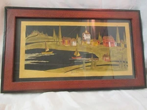 Original Art Scherenschnitte Seaside Town Boats signed Pam J. Rankin Hults - Picture 1 of 6