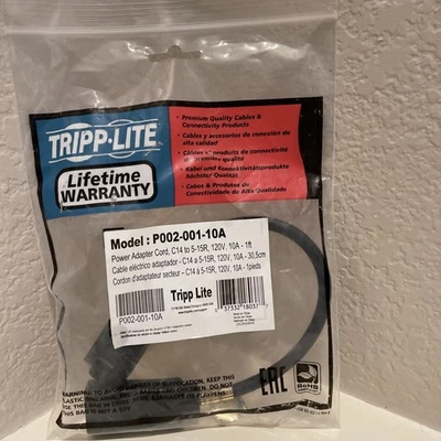 TRIPP LITE | P002-001-10A | POWER ADAPTER CORD | C14 to 5-15R | 1 Foot | 120V - Image 1 of 3