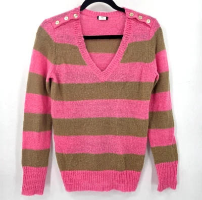 J. Suéter CREW Para Mujer S Lana Mezcla Mohair Cuello en V Botón Hombro Rosa Rayas Foto 1 de 4