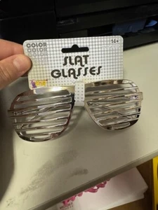 Metallic Silver Adult 80'S SLAT GLASSES Slotted Retro Costume Accessory New!!!! - Picture 1 of 2