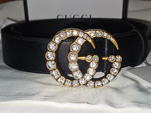 GUCCI Crystal Rhinestone Belt Black Leather Size 95cm 32/34 - Picture 1 of 24